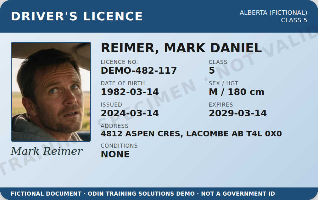 Driver's licence for Mark Daniel Reimer
