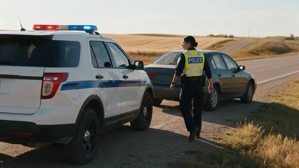 An officer in a high-visibility vest walks toward a stopped grey sedan on a prairie highway shoulder, police SUV lights flashing.