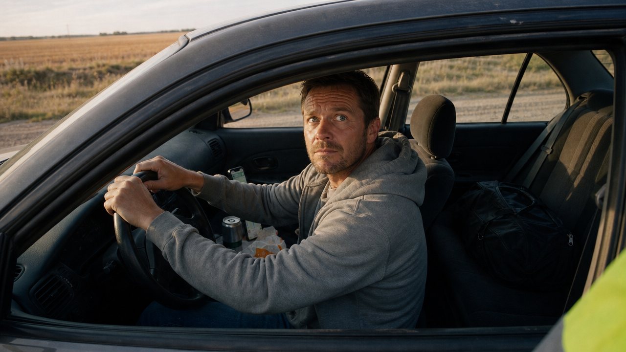 View through the driver's window: a tired-looking man in a grey hoodie grips the wheel. A phone with a map is mounted on the dash; an open silver can and a fast-food bag sit in the centre console; a black duffel bag is on the back seat.
